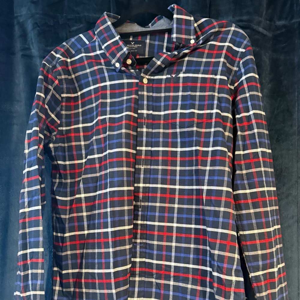 American Eagle Outfitters Men's Checkered Shirt - Navy, Crimson, Ivory